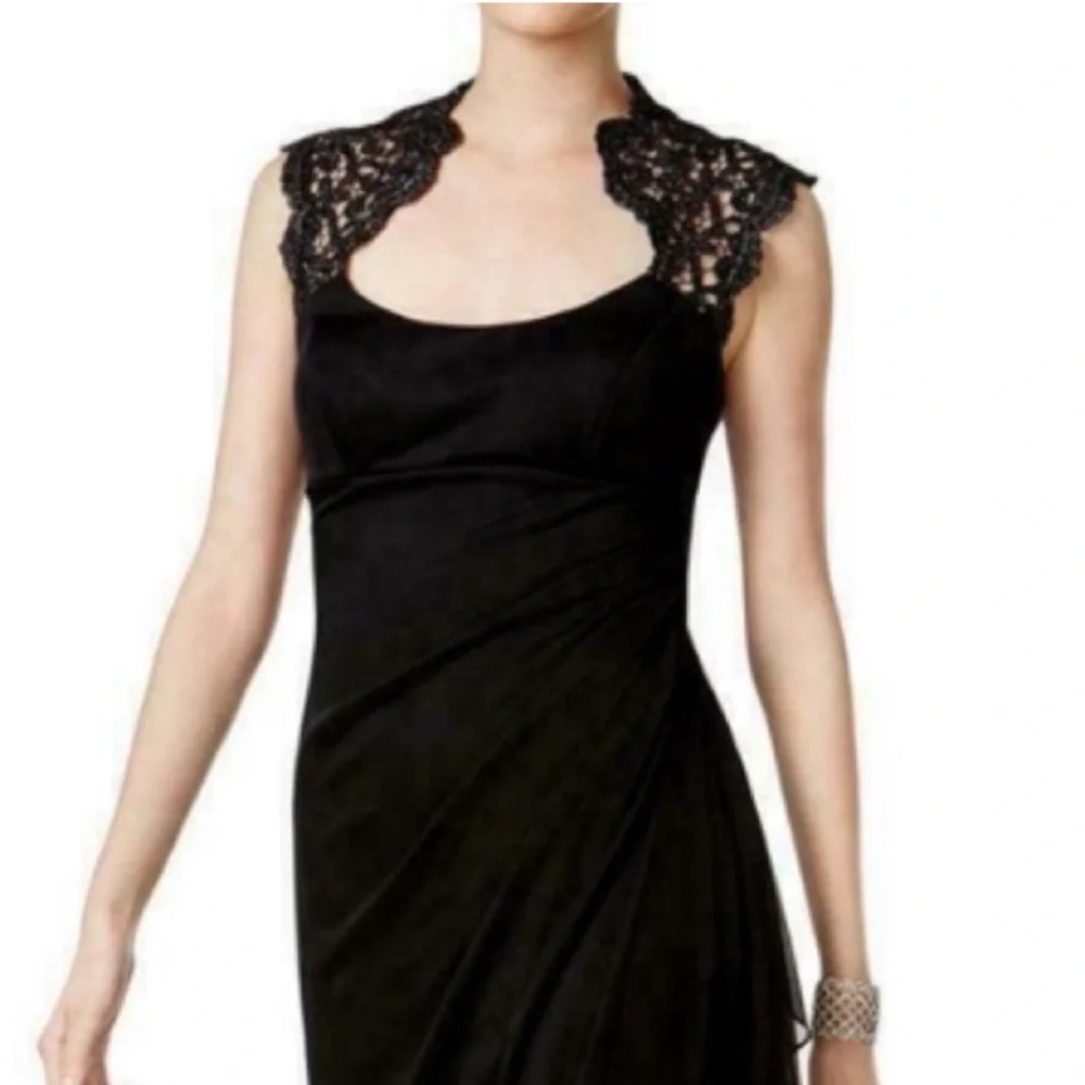 NWT Xscape LBD Black Lace Stand Collar Illusion Back Neck Short Cap Sleeve Dress